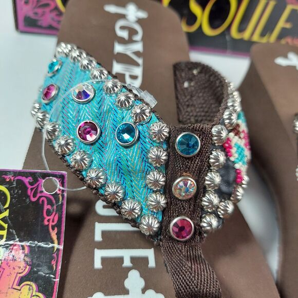 New Gypsy Soule Flip Flop Sandals Swarovski Crystals Sz 10 Brown Blue Aztec Box - Picture 9 of 16